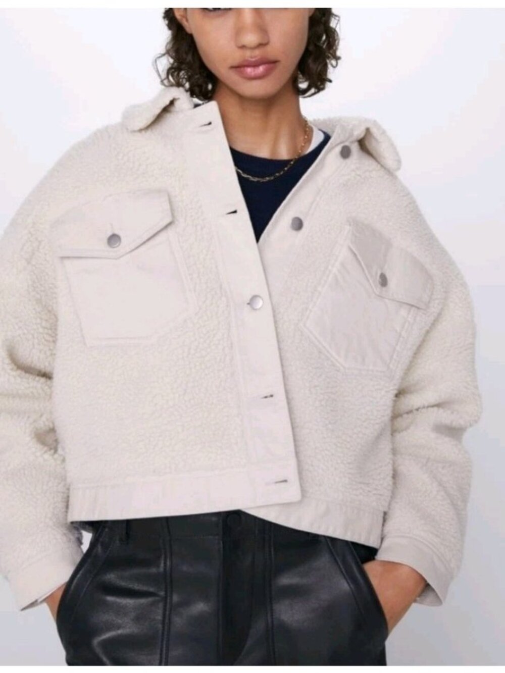 Zara Womens Shearling Denim Accent Jacket Warm Casual School Outdoor Cream Sz S